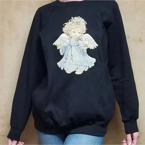 VINTAGE 80s Hanes Black Cherub Dove Sweatshirt